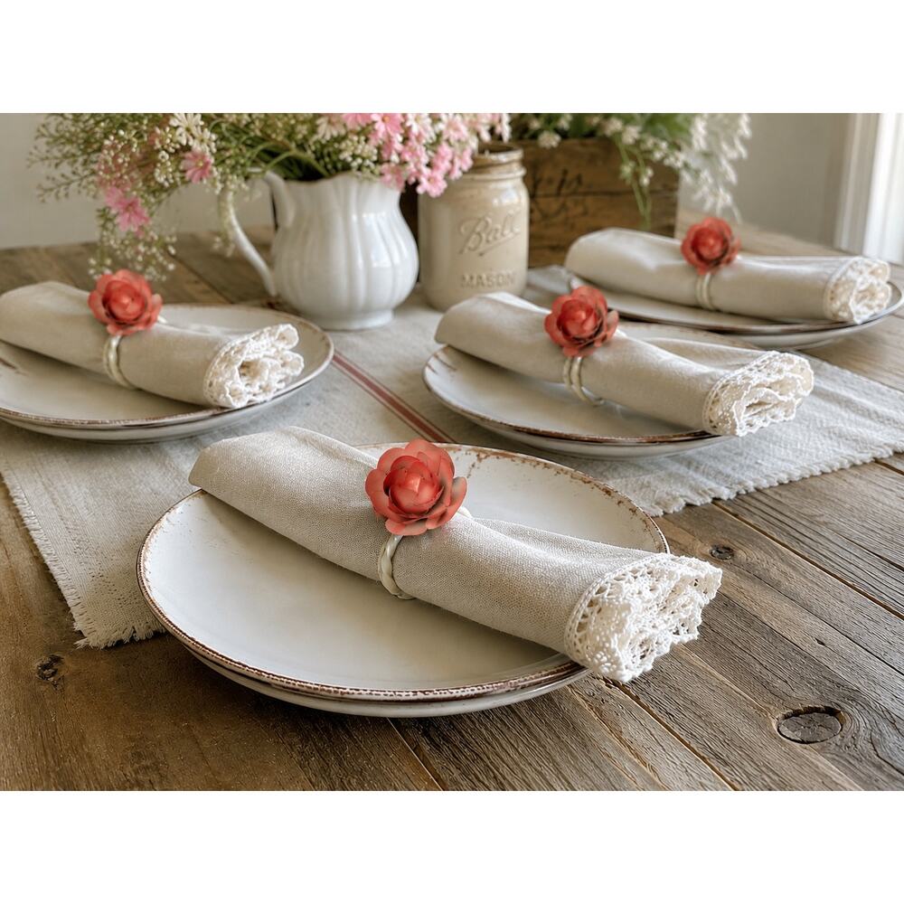Vintage Metal Rose Napkin Rings Set 6 Pink Floral Shabby Cottagecore
